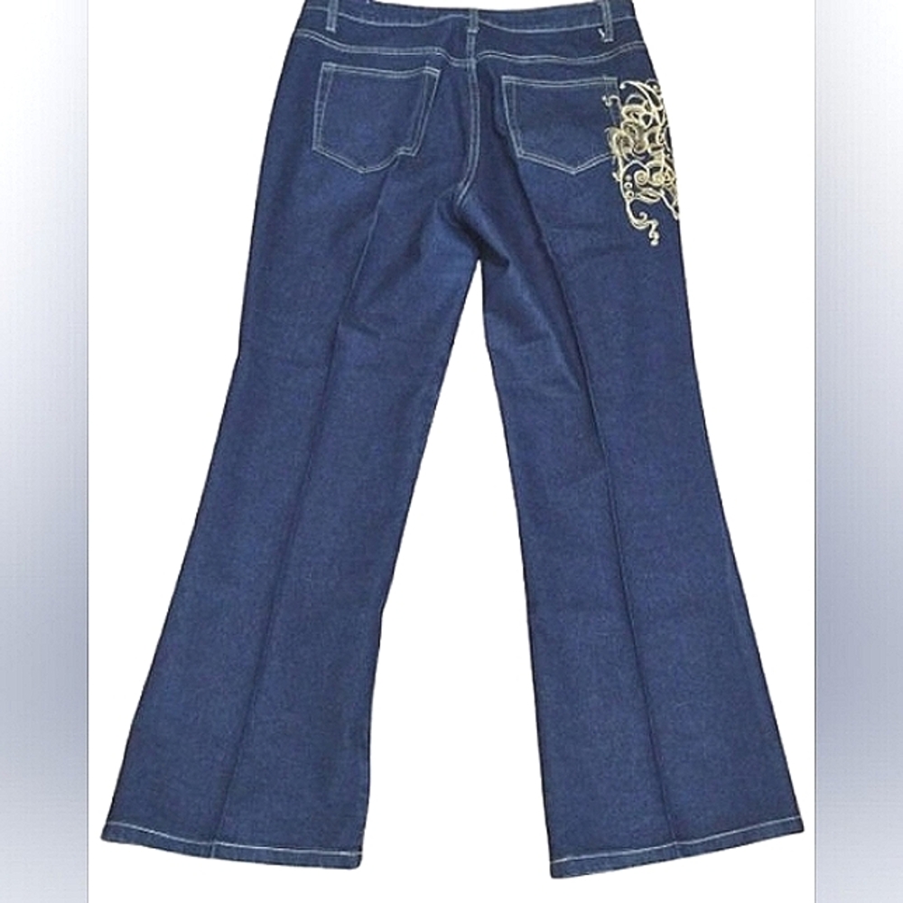 Y2k 90's Crest Flared Jeans with Gold Embroidery 17/18 Plus Size VSCO High Rise